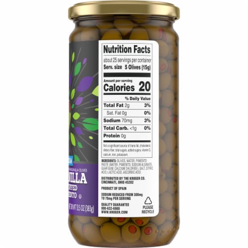 Kroger® Gluten Free Reduced Sodium Manzanilla Olives Stuffed With Pimiento Perspective: right