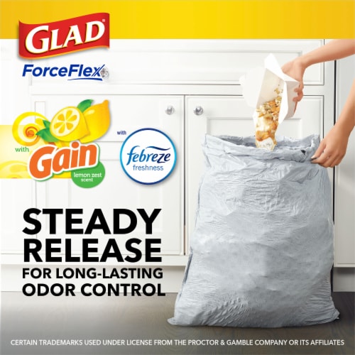 Glad ForceFlex Drawstring Tall Kitchen Trash Bags Gain Lemon Zest Scent With Febreze 13 Gallon Perspective: right