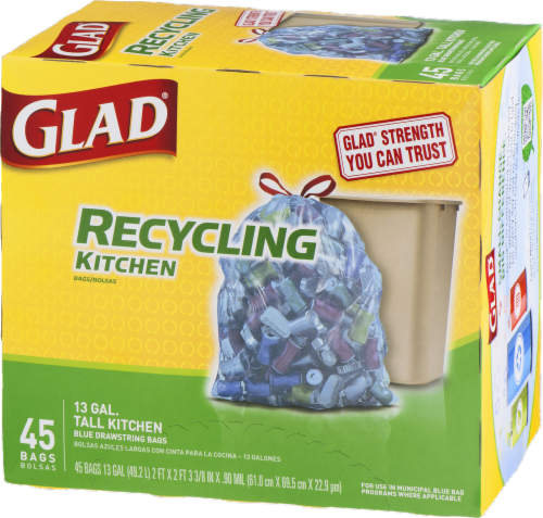 Glad Tall Kitchen Bags, Recycling, Blue Drawstring, 13 Gallon, Trash Bags