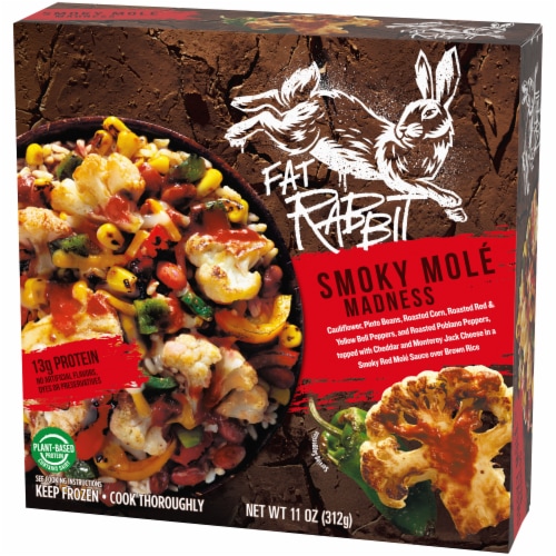 Fat Rabbit Smoky Mole Madness with Roasted Vegetables Pinto Beans & Cheese in a Red Mole Sauce Meal Perspective: right