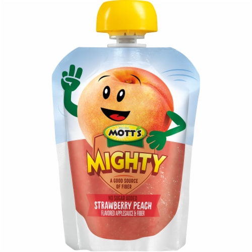 Mott's Mighty No Sugar Added Strawberry Peach Applesauce Pouches Perspective: right
