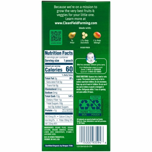 Gerber 2nd Foods Organic Pear Zucchini & Mango Baby Food Pouches 6 Count Perspective: right