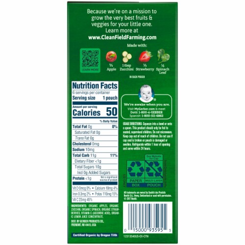 Gerber Organic 2nd Foods Apple Zucchini Spinach & Strawberry Baby Food 6 Count Perspective: right