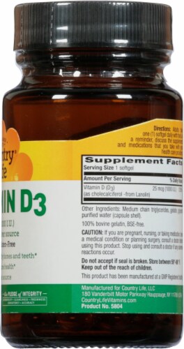 Country Life Vitamin D3 Softgels 1000 IU Perspective: right
