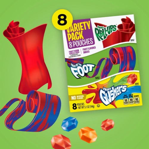 Fruit Roll-Ups' Fruit by the Foot' Gushers Fruit Flavored Snacks Variety Pack Perspective: right