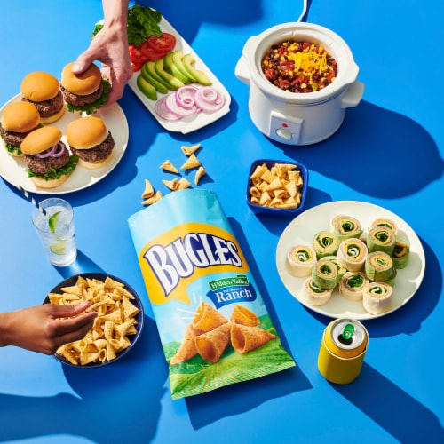 Bugles Crispy Corn Snacks Hidden Valley Ranch Flavor Snack Bag Perspective: right