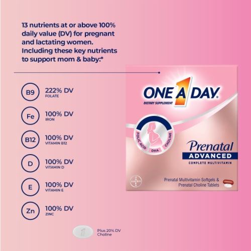 One A Day® Prenatal Advanced Prenatal Multivitamin Softgels & Prenatal Choline Tablets Perspective: right