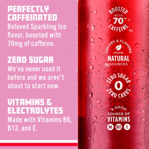 Sparkling Ice +Caffeine Zero Sugar Cherry Vanilla Sparkling Water Perspective: right