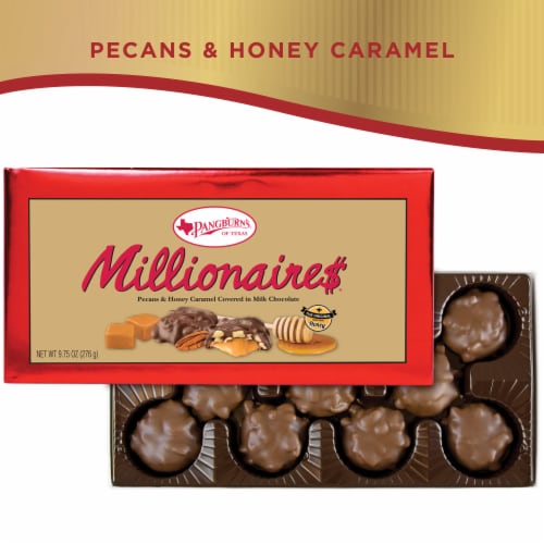 PANGBURN'S OF TEXAS Millionaires Milk Chocolate Covered Pecans and Honey Caramel Candy Gift Box Perspective: right