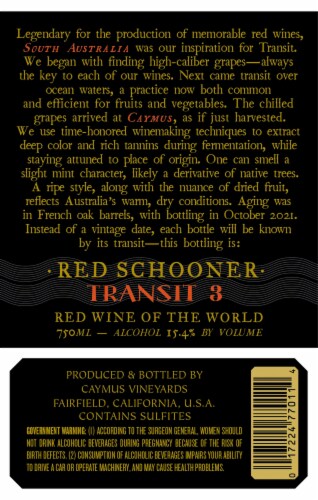 Caymus Vineyards Red Schooner Transit No 1 California Red Wine Perspective: right