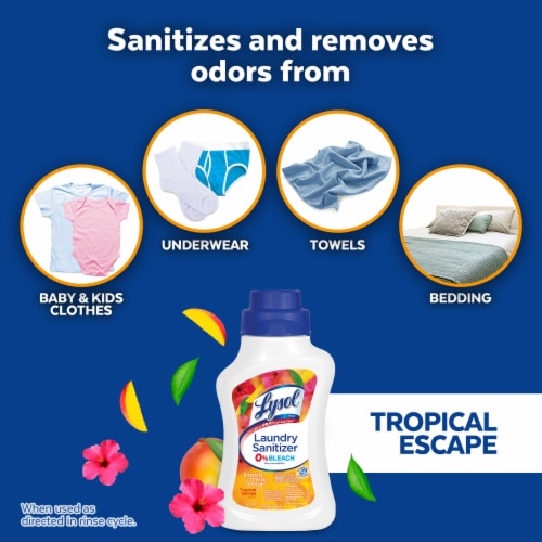 Lysol Brand New Day Laundry Sanitizer 0% Bleach Tropical Escape Perspective: right