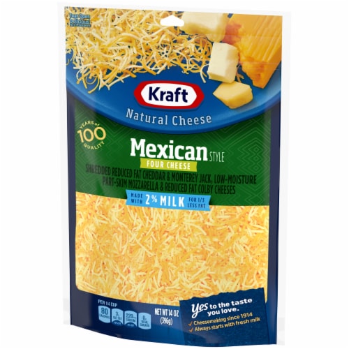 Kraft Mexican Style Four Cheese Blend Shredded Cheese with 2% Milk, 14 oz Bag Perspective: right