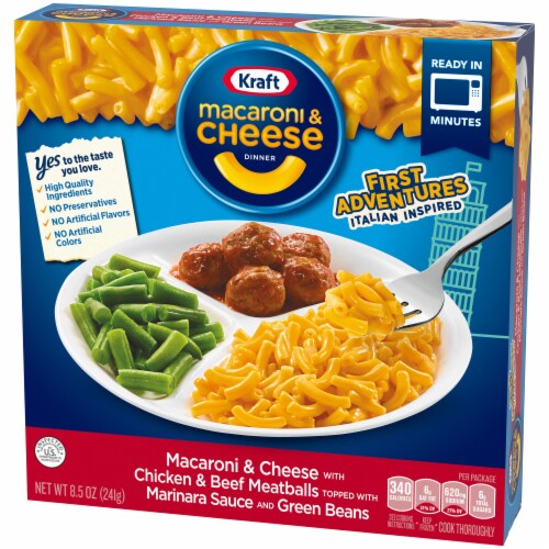 Kraft First Adventures Italian Inspired Mac and Cheese Frozen Meal with Meatball and Green Beans Perspective: right