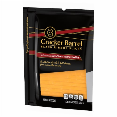 Cracker Barrel Black Ribbon Slices Wisconsin Extra Sharp Yellow Cheddar Cheese Slices Perspective: right