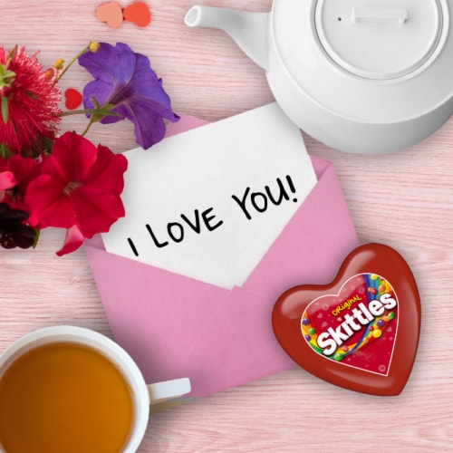 Skittles Original Gummy Candy Valentines Day Gift Heart Tin Perspective: right