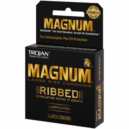 Trojan Magnum Ribbed Lubricated Large Size Latex Condoms Perspective: right