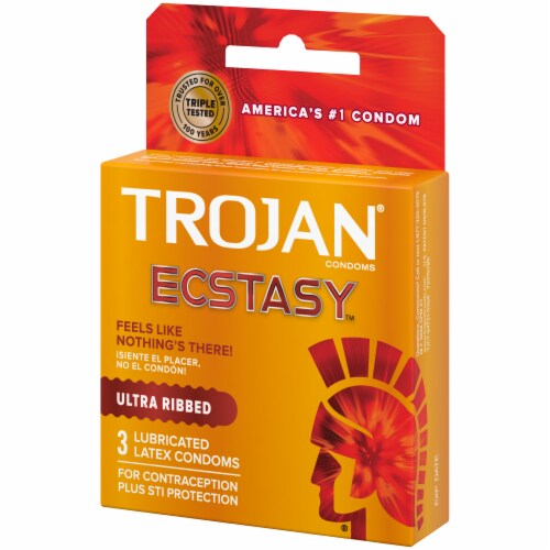 Trojan Ecstasy Ultra Ribbed Lubricated Latex Condoms Perspective: right