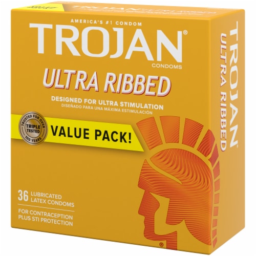Trojan® Ultra Ribbed Lubricated Latex Condoms Perspective: right