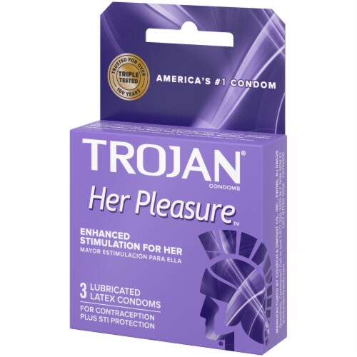 Trojan Her Pleasure Enhanced Stimulation Lubricated Latex Condoms 3 Count Perspective: right