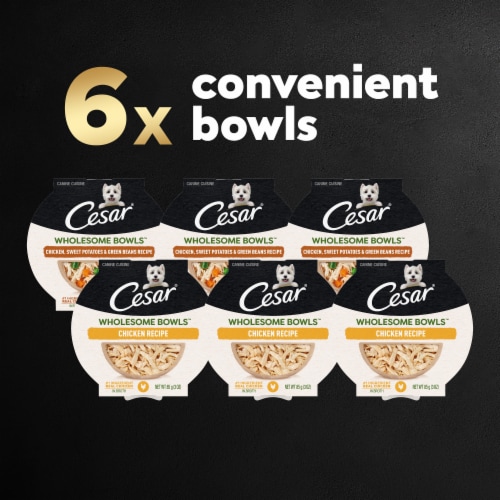 Cesar® Wholesome Bowls® Chicken Recipe and Chicken Sweet Potato & Green Beans Wet Dog Food Perspective: right