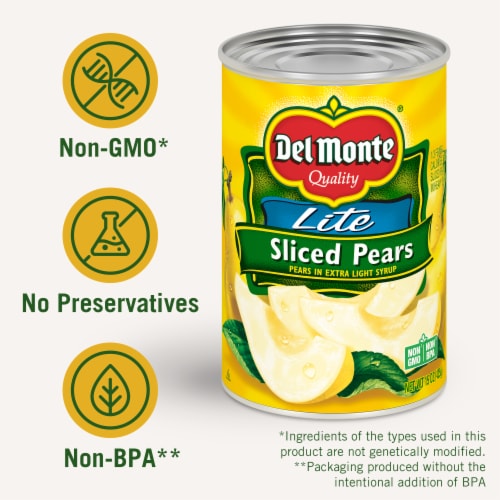 DEL MONTE Lite Sliced Bartlett Pears in Extra Light Syrup Canned Fruit Perspective: right