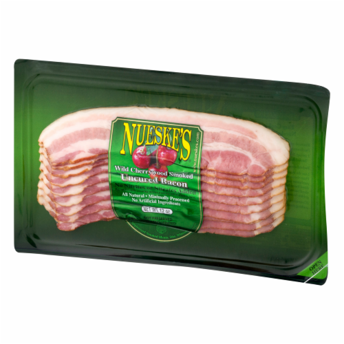 Nueske's® Wild Cherrywood Smoked Uncured Bacon Fresh Sliced Deli Meat Perspective: right