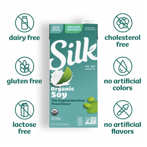 Silk Dairy Free Organic Protein Shelf Stable Soy Milk Quart Perspective: right