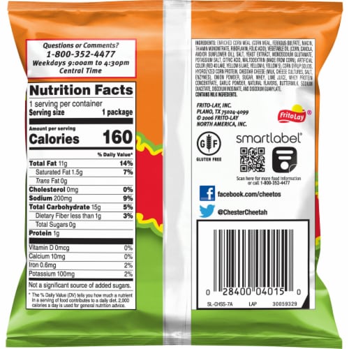 Cheetos Crunchy Cheese Flavored Snacks Flamin' Hot Limon Flavored 1 Oz Perspective: right
