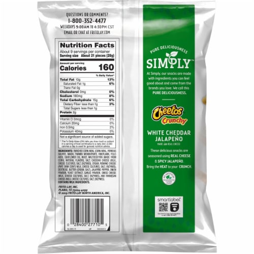 Cheetos Simply Crunchy White Cheddar Jalapeno Flavored Cheese Snacks Perspective: right