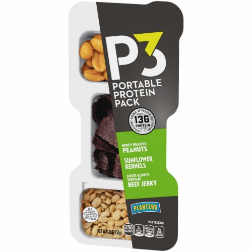 Planters P3 Honey Roasted Peanuts Sunflower Kernels & Teriyaki Beef Jerky Portable Protein Pack Perspective: right