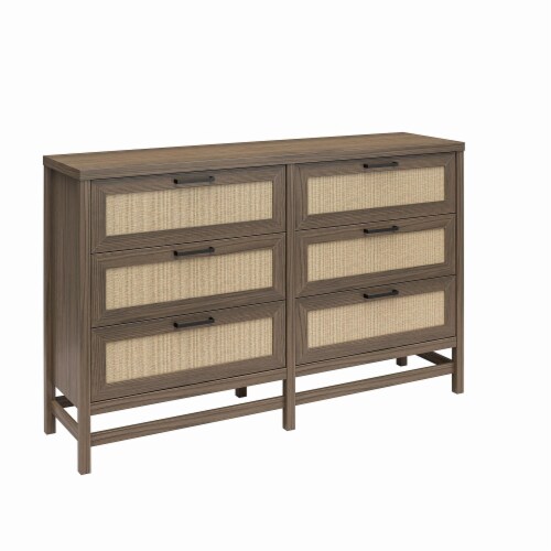 Lennon 6 Drawer Dresser, Medium Brown and Faux Rattan, 15.67 x 59.37 x