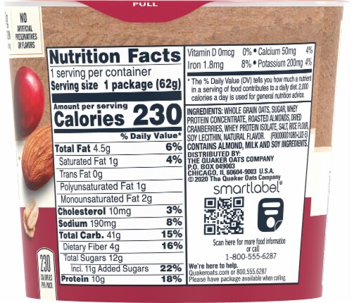 Quaker Instant Oatmeal Express Breakfast Cup Cranberry Almond Protein Perspective: right
