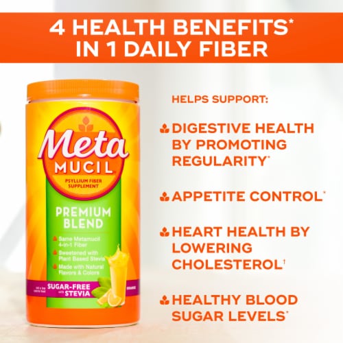 Metamucil Psyllium Fiber Supplement Premium Blend Sugar Free with Stevia Orange Powder Perspective: right