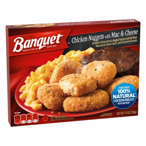 Banquet Chicken Nuggets With Mac And Cheese And Brownie Frozen Meal Perspective: right