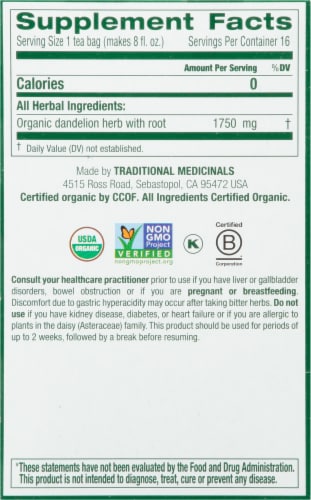 Traditional Medicinals Organic Dandelion Leaf & Root Tea Bags 16 Count Perspective: right