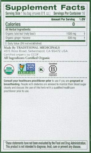 Traditional Medicinal Tulsi With Ginger Tea Bags 16 Count Perspective: right