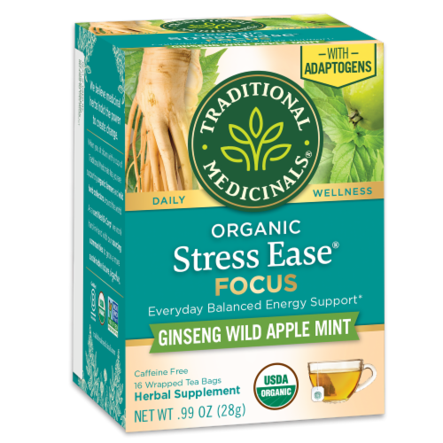 Traditional Medicanals® Organic Stress Ease Focus Ginseng Wild Apple Mint Herbal Tea Bags Perspective: right
