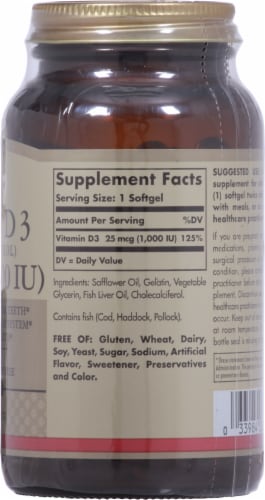 Solgar Vitamin D3 1000 IU Dietary Supplement Softgels Perspective: right