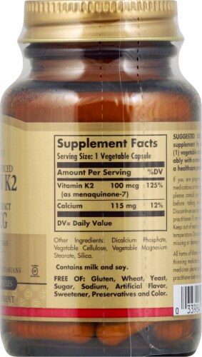 Solgar Natural Vitamin K2 MK-7 From Natto Extract Vegetable Capsules 100 mcg Perspective: right