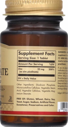 Solgar Zinc Picolinate 22mg Tablets 100 Count Perspective: right