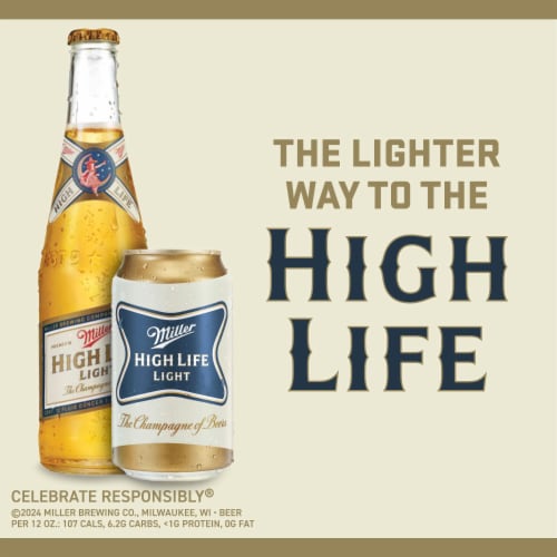 Miller High Life Light Beer, American Style Lager 4.1% ABV Cans Perspective: right