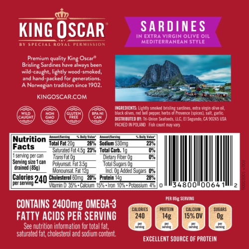 King Oscar Wild Caught Sardines in Extra Virgin Olive Oil, Mediterranean Style Perspective: right