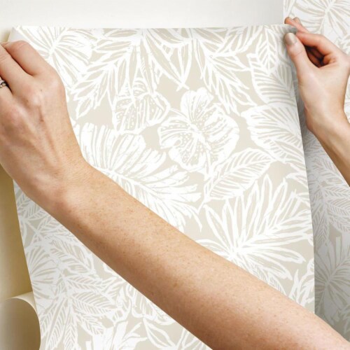 Roommates Decor Modern Batik Tropical Leaf Peel & Stick Wallpaper - Cream Perspective: right