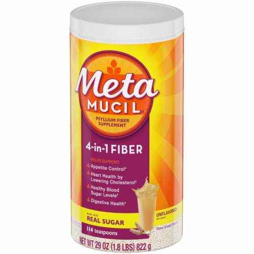 Metamucil 4-in-1 Psyllium Fiber Supplement Real Sugar Unflavored Coarse Texture Powder Perspective: right
