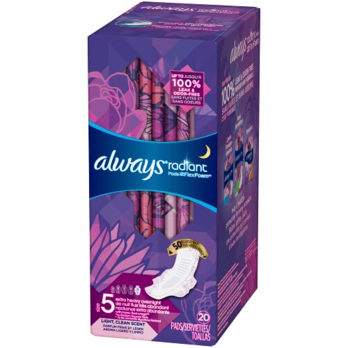 Always Radiant Size 5 Light Clean Scent Extra Heavy Overnight Pads Perspective: right