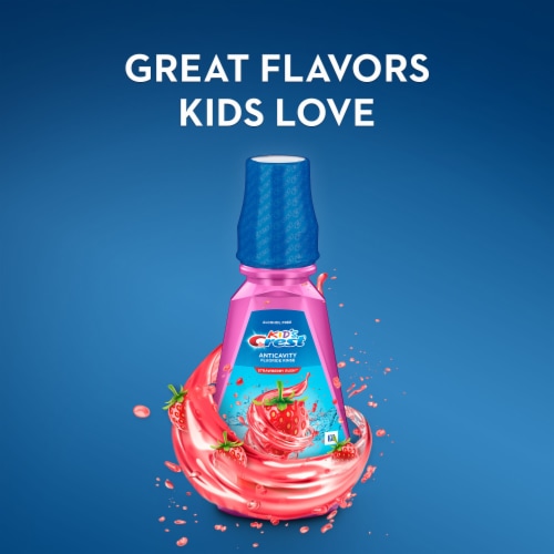 Crest Strawberry Rush Kid's Anticavity Alcohol Free Fluoride Rinse Perspective: right