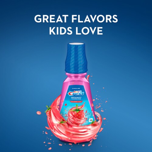 Crest Strawberry Rush Kid's Anticavity Alcohol Free Fluoride Rinse Perspective: right