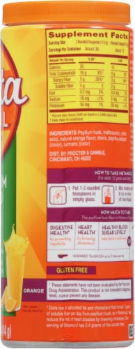 Metamucil Premium Blend Orange Flavor Psyllium Fiber Powder Supplement Perspective: right
