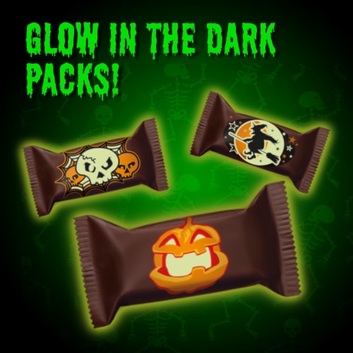 Snickers Chocolate Bars Glow In The Dark Fun Size Halloween Candy Trick or Treat Packs Perspective: right