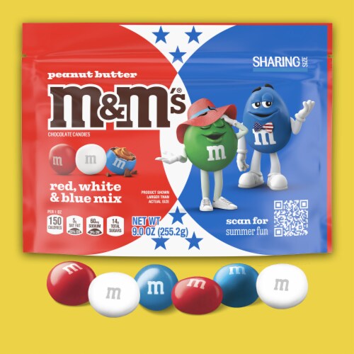 M&M'S Peanut Butter Chocolate Red White & Blue Summer Candy Sharing Size Bag Perspective: right